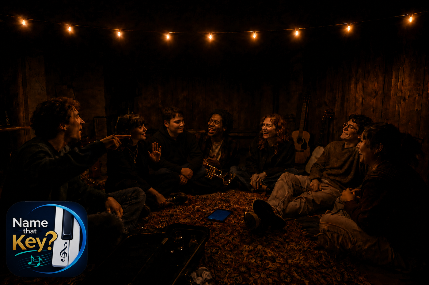 A group of friends sitting together in a lamplit room with a guitar and a trumpet, listening to music.