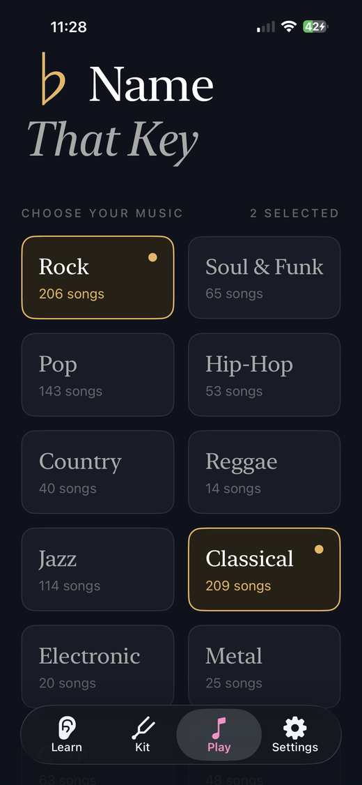 Genre picker showing rock, classical, jazz and more with song counts.