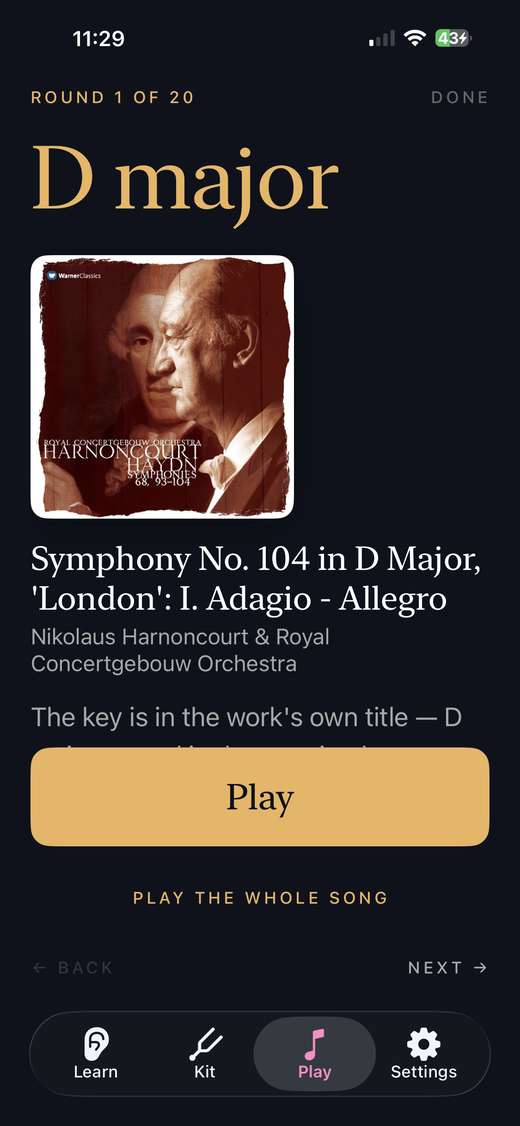 A round in progress showing a Haydn symphony in D major.